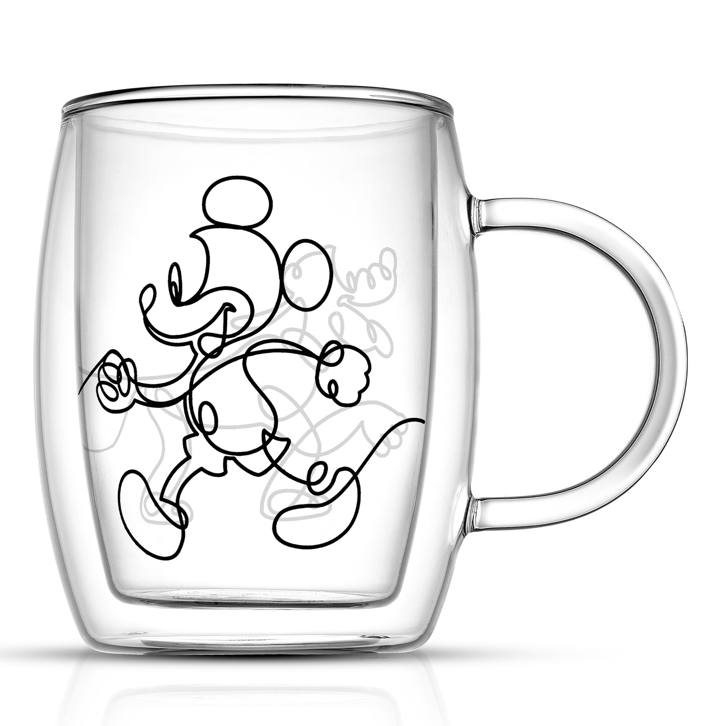A double wall mug with Mickey line drawing on a white background