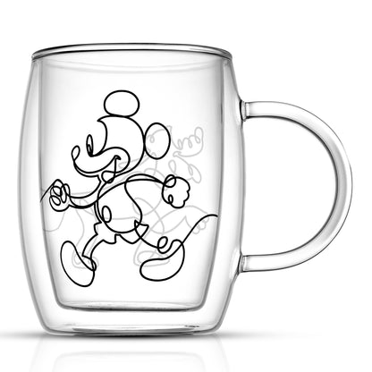 A double wall mug with Mickey line drawing on a white background