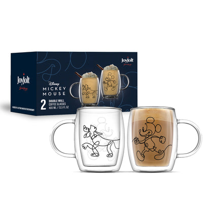 Set of glass mugs with a blue Disney packaging JoyJolt box in the background
