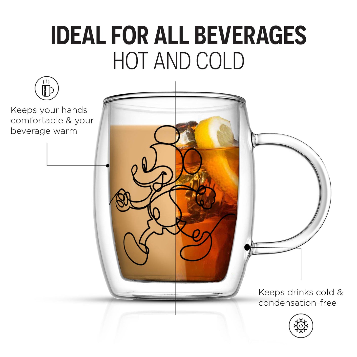 A glass mug full of a hot coffee and iced tea to show the benefits of double wall keeping drink temperatures comfortable and the outer glass condensation free.