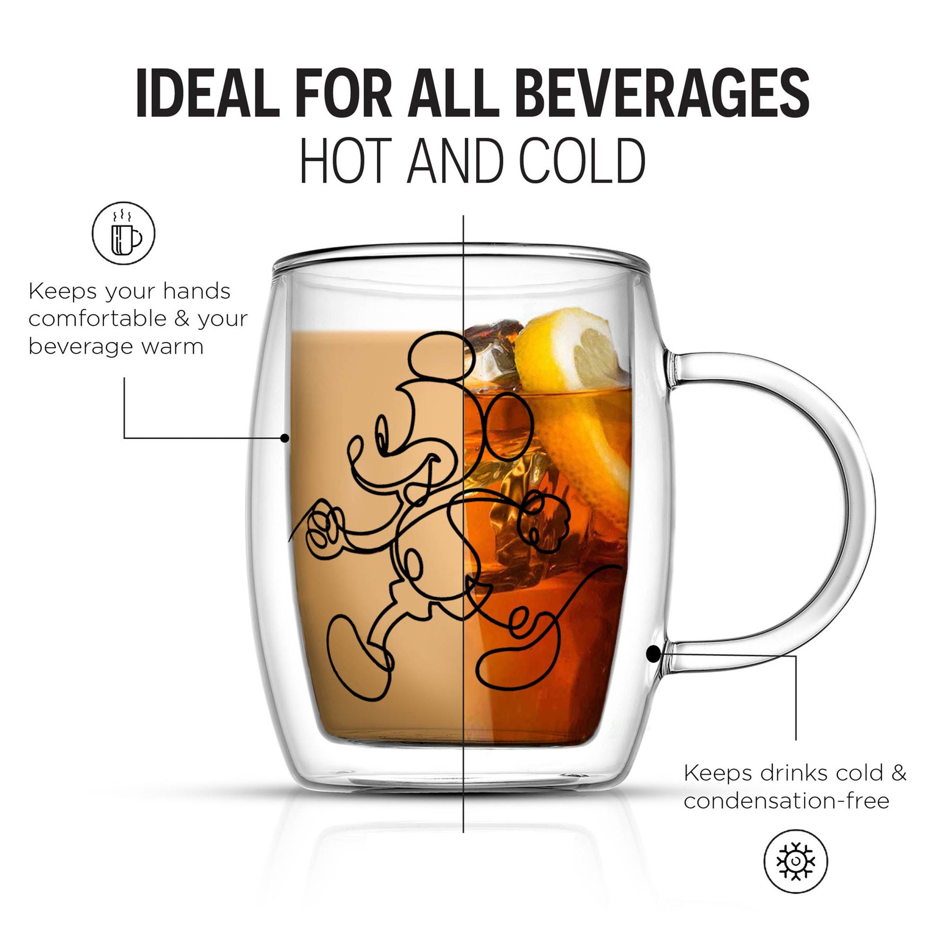 A glass mug full of a hot coffee and iced tea to show the benefits of double wall keeping drink temperatures comfortable and the outer glass condensation free.