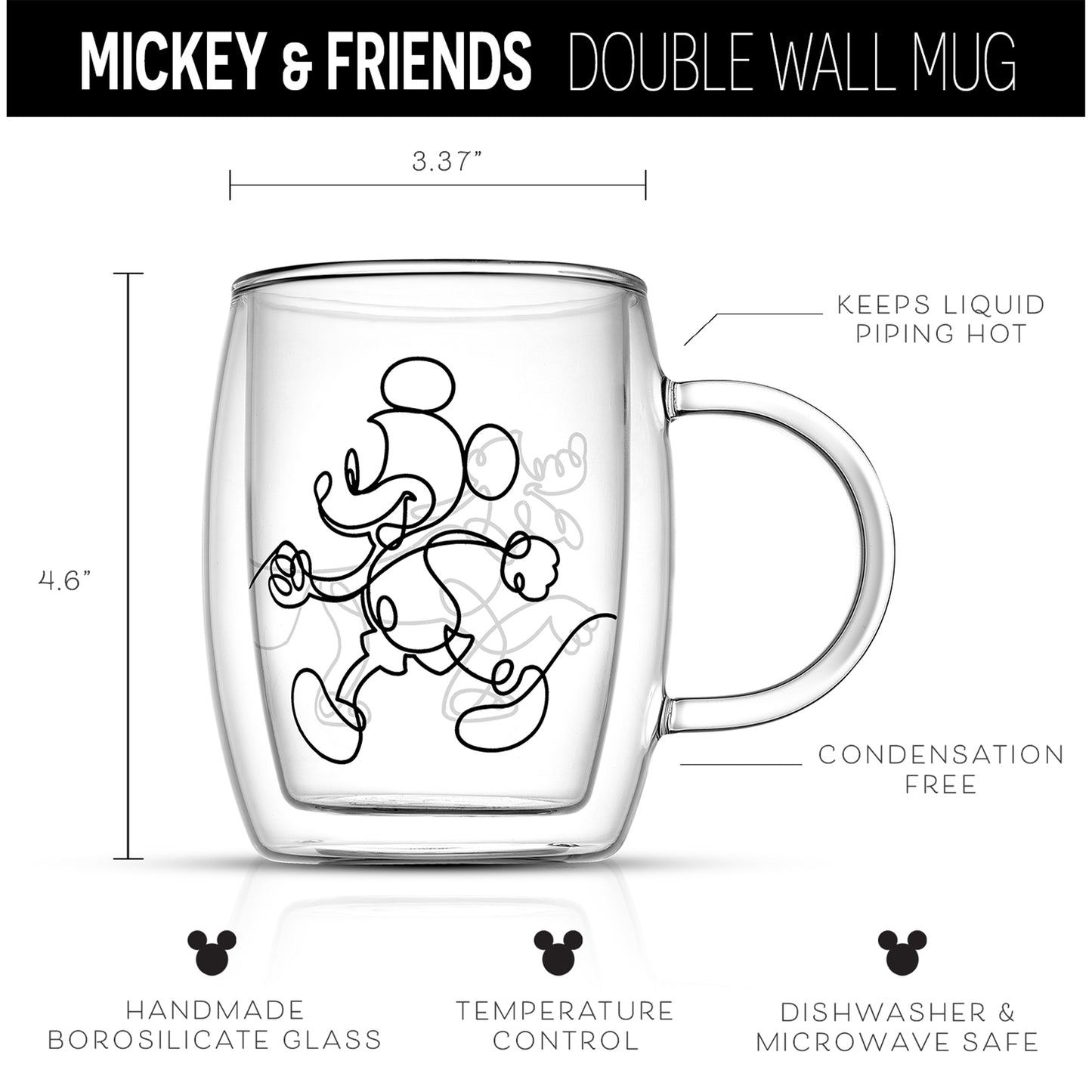 An empty Mickey mug with measurements and text features:
borosilicate glass, temperature control, microwave and dishwasher safe, condensation free.