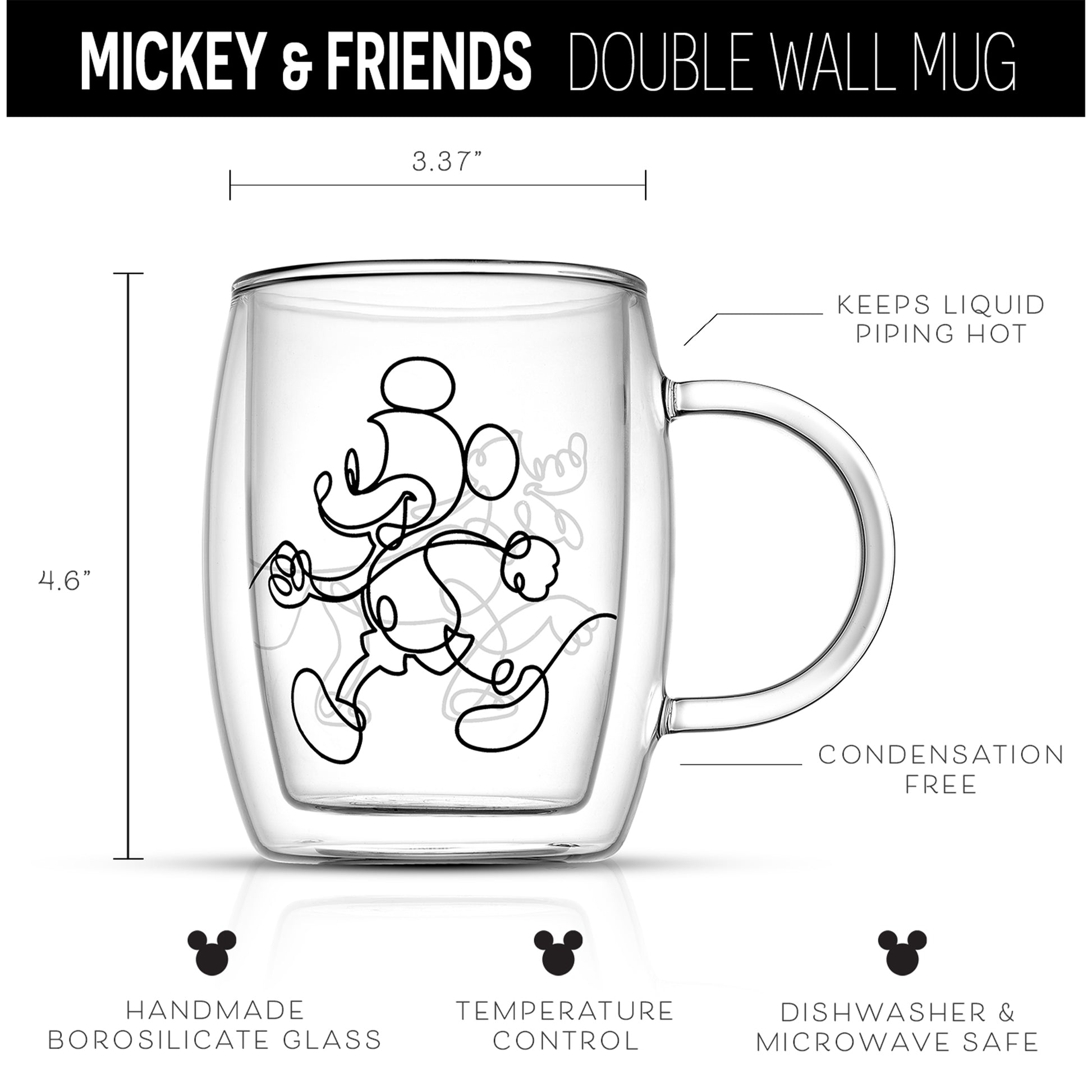 An empty Mickey mug with measurements and text features:
borosilicate glass, temperature control, microwave and dishwasher safe, condensation free.