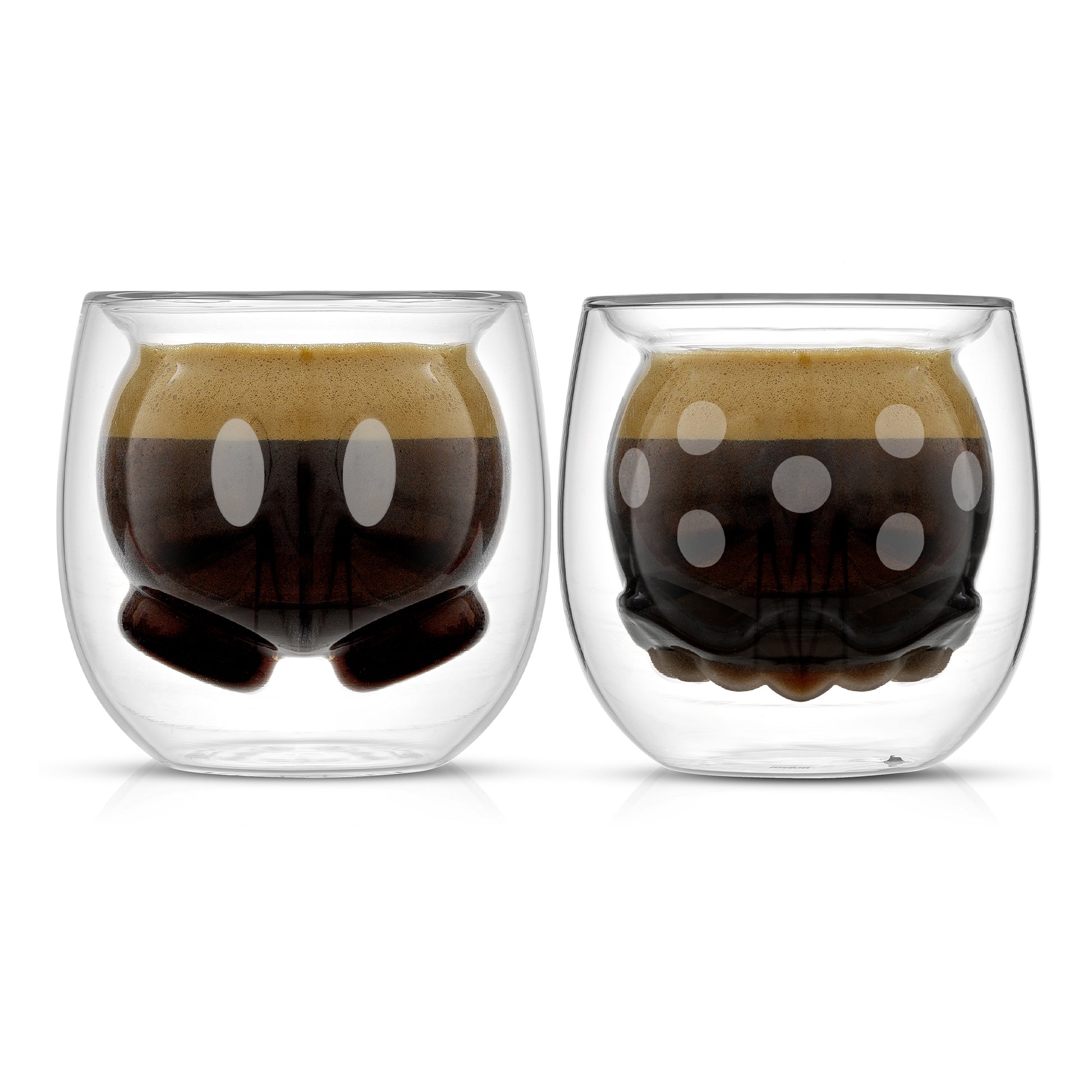 Two clear glass cups with a 3D double wall design featuring Mickeys pants and Minnies skirt, filled with a layered drink on a white background