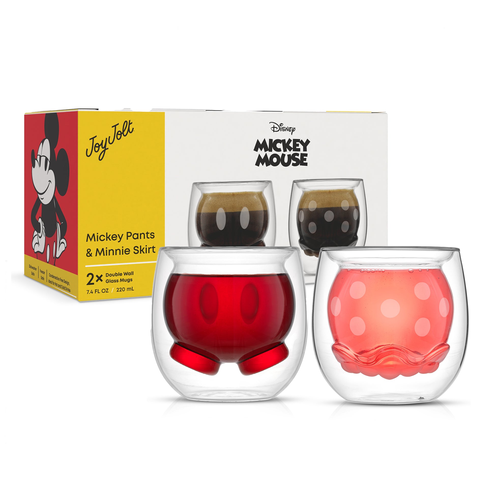 Set of double wall glasses with a yellow packaging Disney and JoyJolt box in the background
