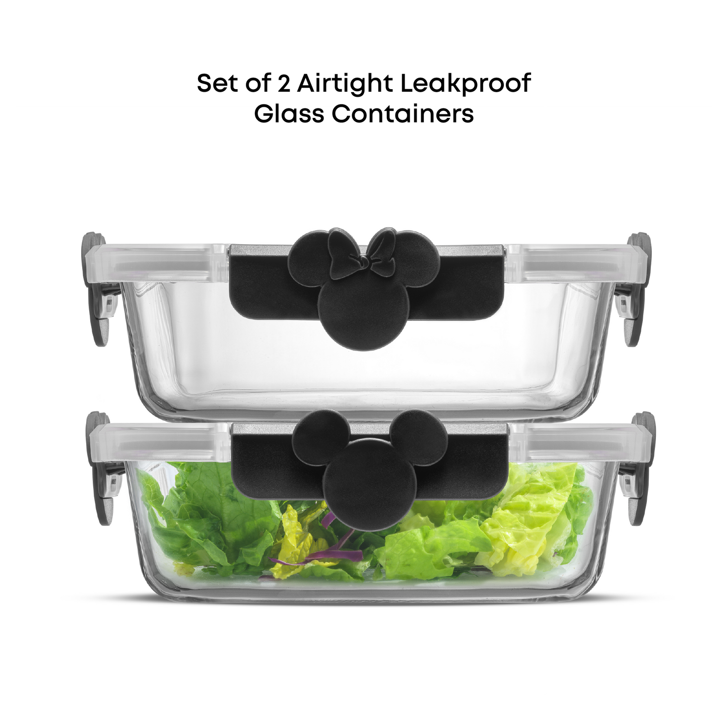 Set of 2 airtight leakproof glass containers with Mickey Mouse design on lids.