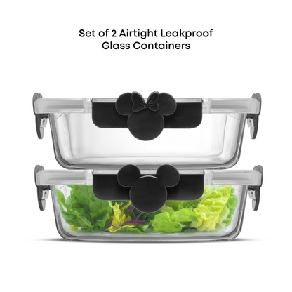 Set of 2 airtight leakproof glass containers with Mickey Mouse design on lids.