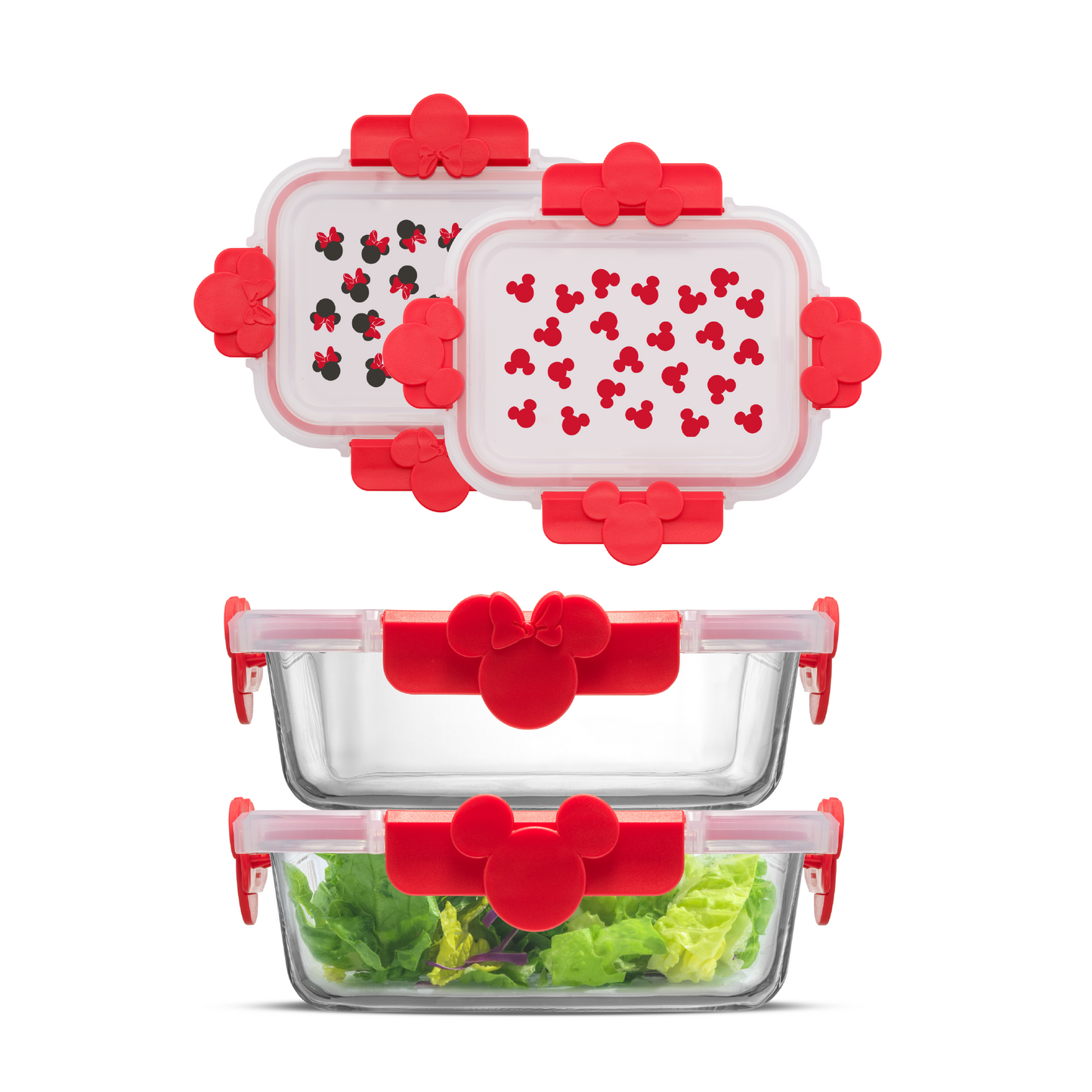 Set of glass food storage containers with Mickey and Minnie Mouse lid designs on a white background