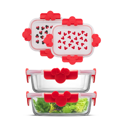 Set of glass food storage containers with Mickey and Minnie Mouse lid designs on a white background
