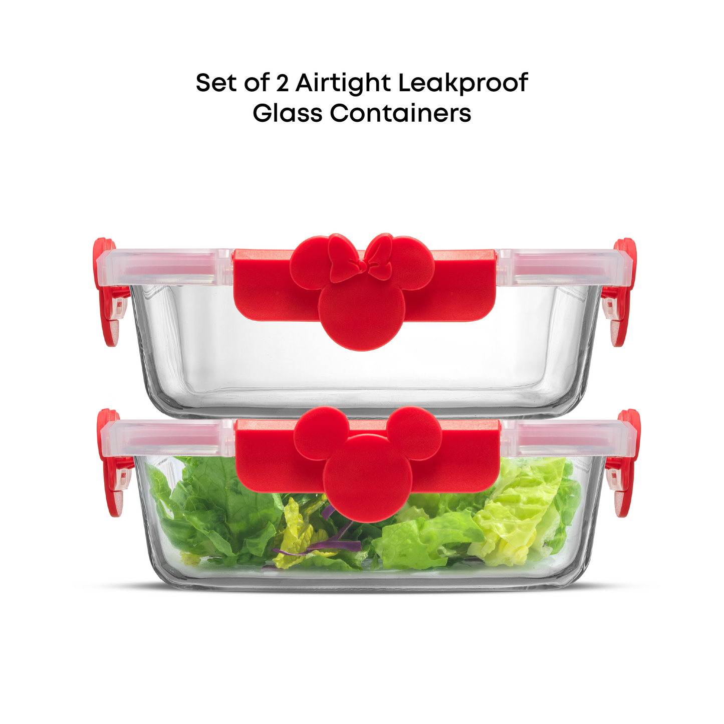 Set of 2 airtight leakproof glass containers with Mickey Mouse design on lids.