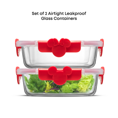 Set of 2 airtight leakproof glass containers with Mickey Mouse design on lids.