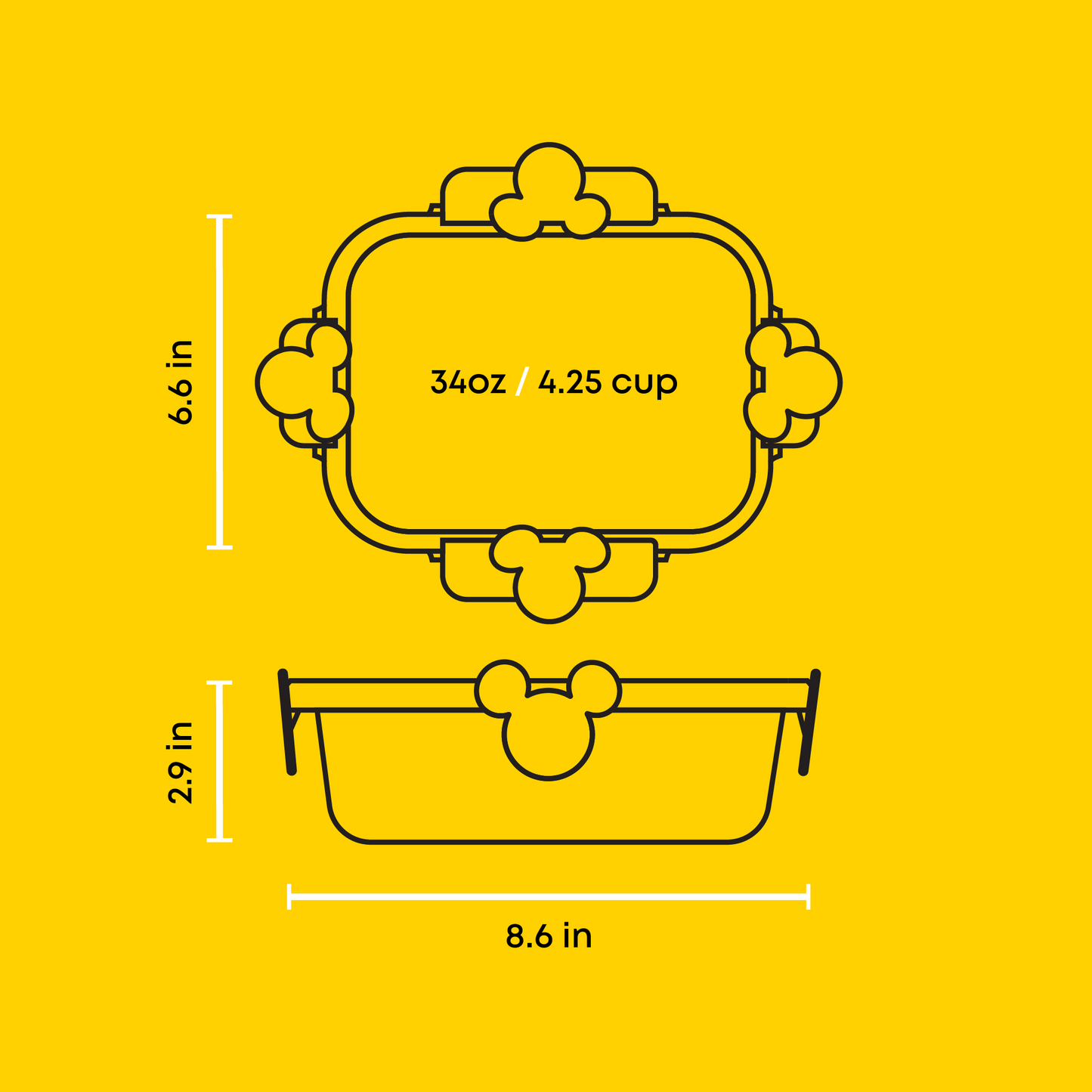 Measurement chart of a container with dimensions on a yellow background