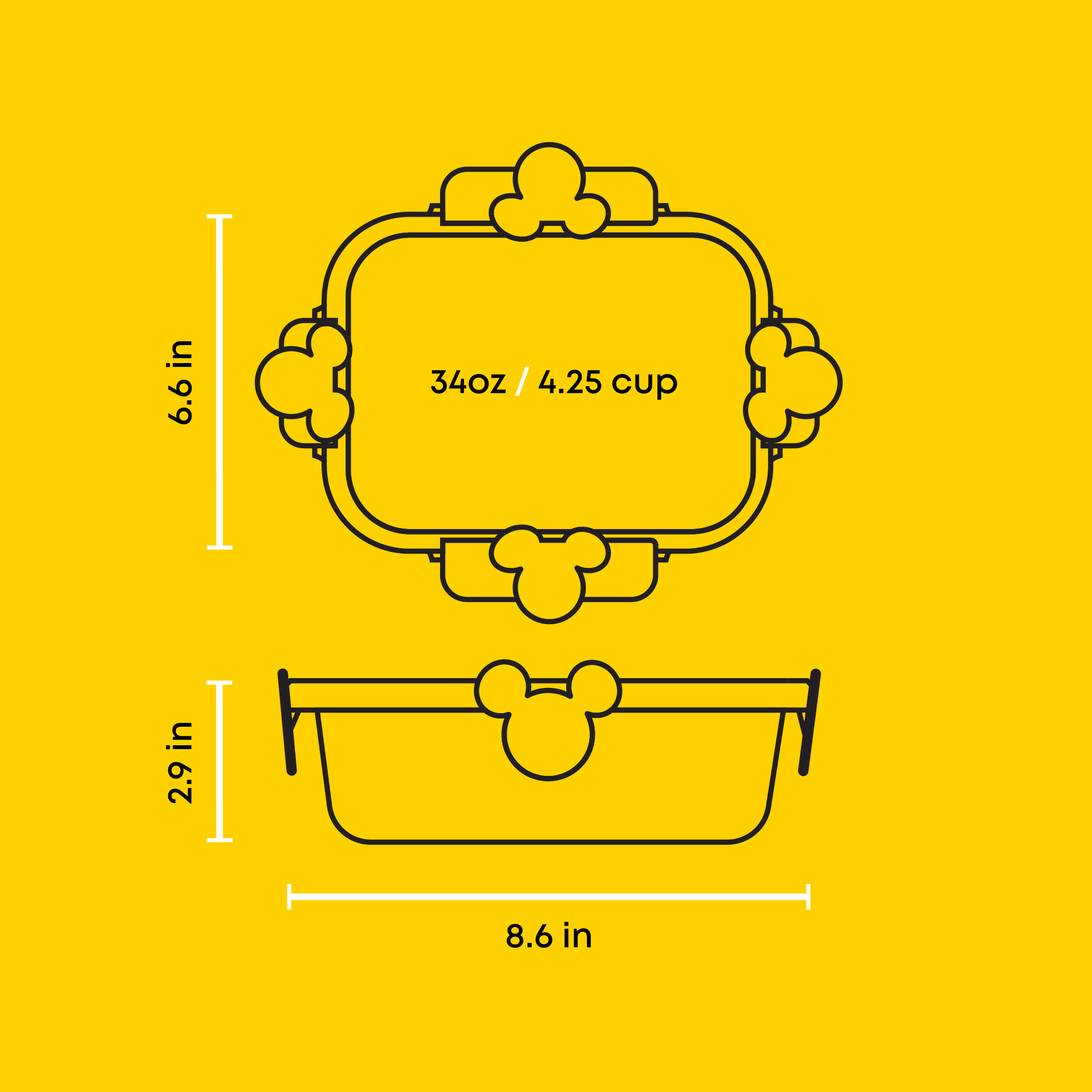 Measurement chart of a container with dimensions on a yellow background