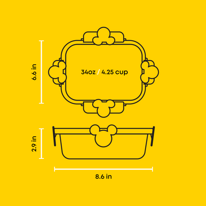Measurement chart of a container with dimensions on a yellow background