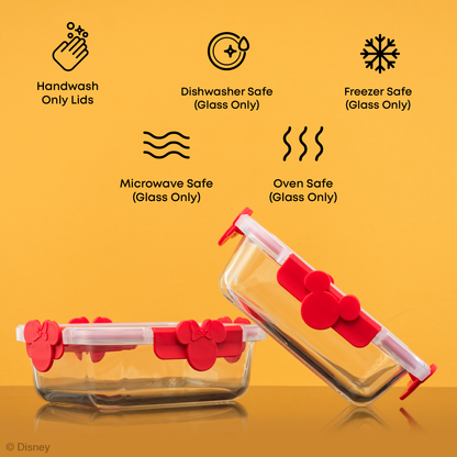 Two glass containers with black lids and text icons: handwash lids and dishwasher, freezer, miccrowave, and oven safe glass only.