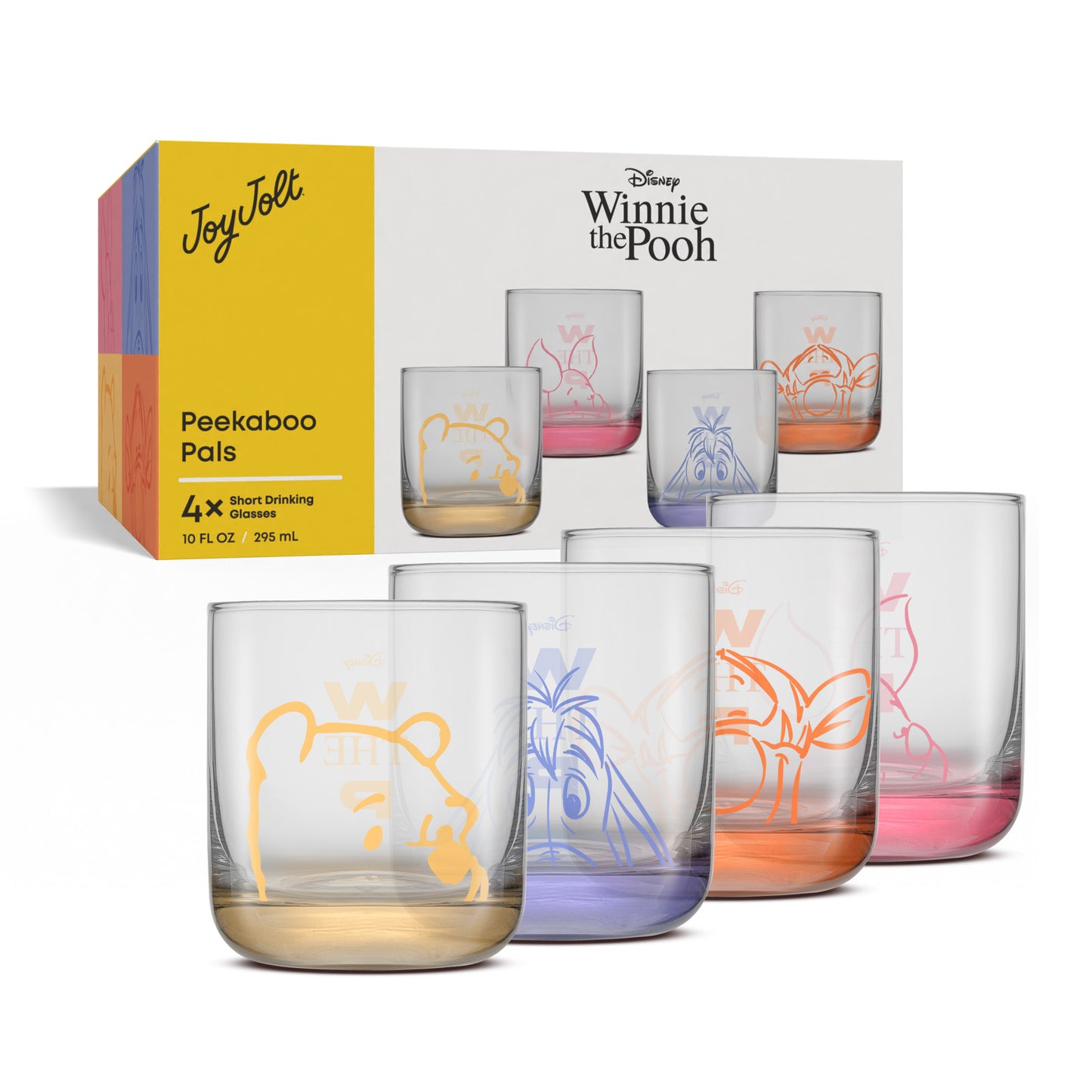 Set of four glass tumblers with Winnie the Pooh designs and their shipping packaging box on a white background