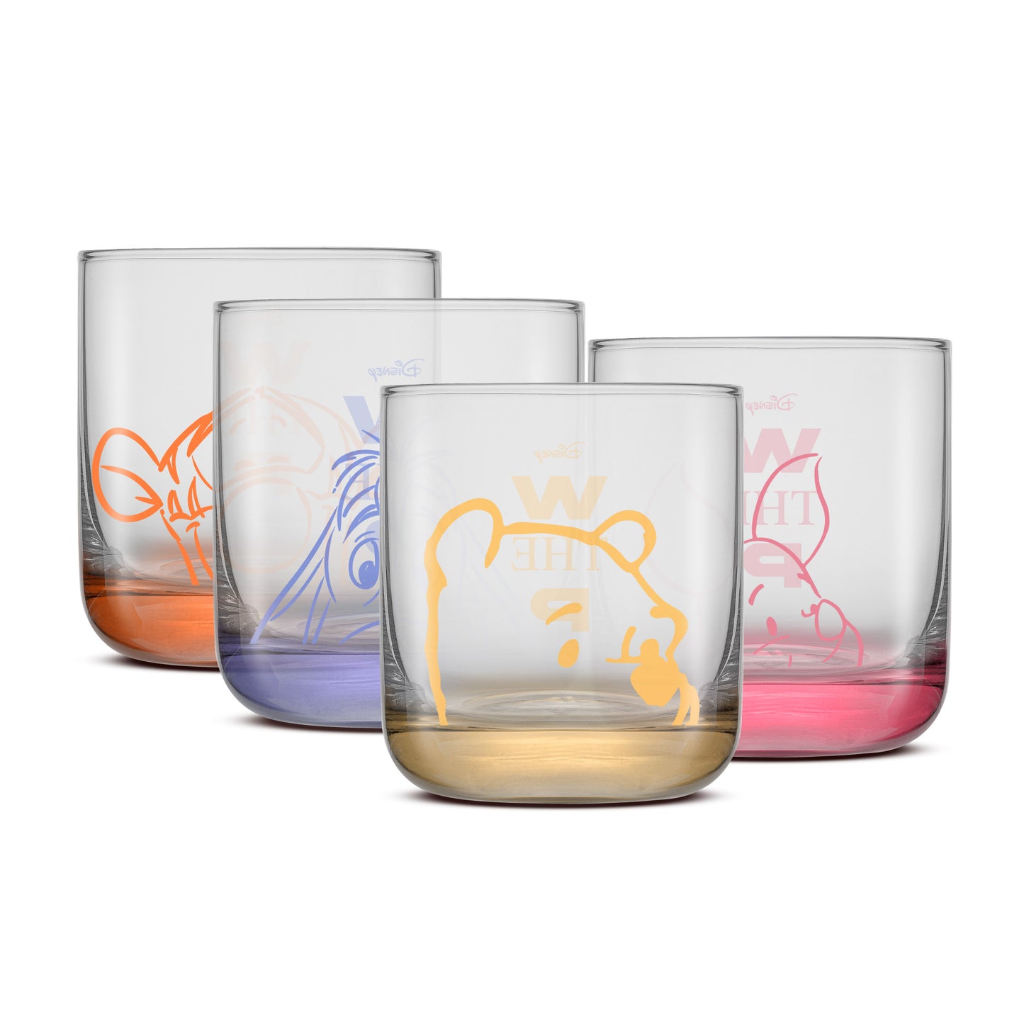 Set of four clear glasses with colorful etched designs of Winnie the Pooh, Eeyore, Tigger, and Piglet on a white background