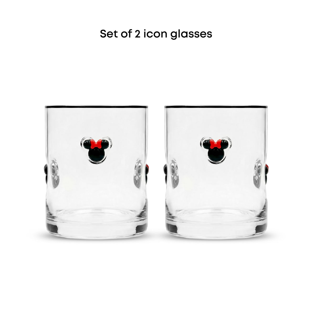 Set of 2 clear glass icon tumblers featuring a black and red Mickey Mouse head design on the front, shown against a plain white background with text reading 'Set of 2 icon glasses' at the top.