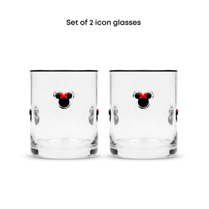 Set of 2 clear glass icon tumblers featuring a black and red Mickey Mouse head design on the front, shown against a plain white background with text reading 'Set of 2 icon glasses' at the top.