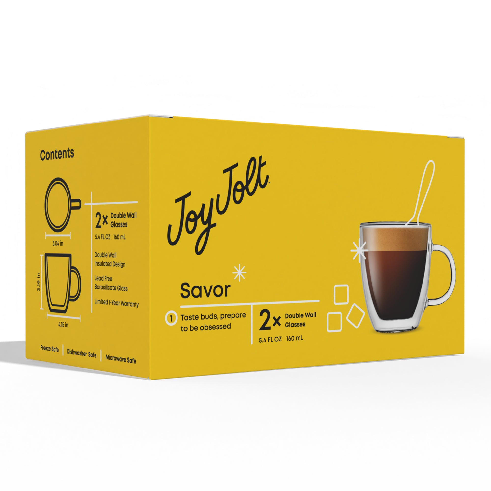 JoyJolt Savor Double Wall Insulated Glass Espresso Mugs - Set of 2