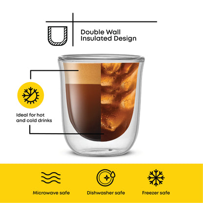 Double wall insulated glass with hot and cold drink illustration and safety features on a white background: microwave, dishwasher, and freezer safe.