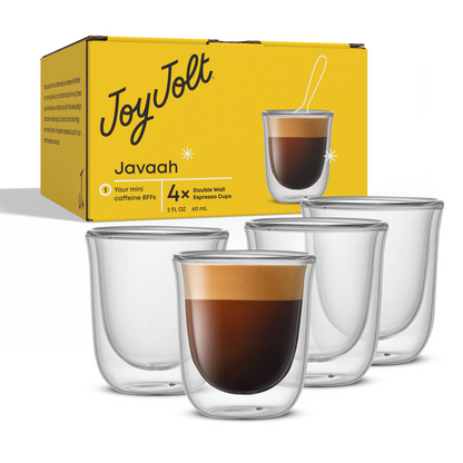 Set of four Javaah double wall espresso cups with a yellow packaging JoyJolt box in the background