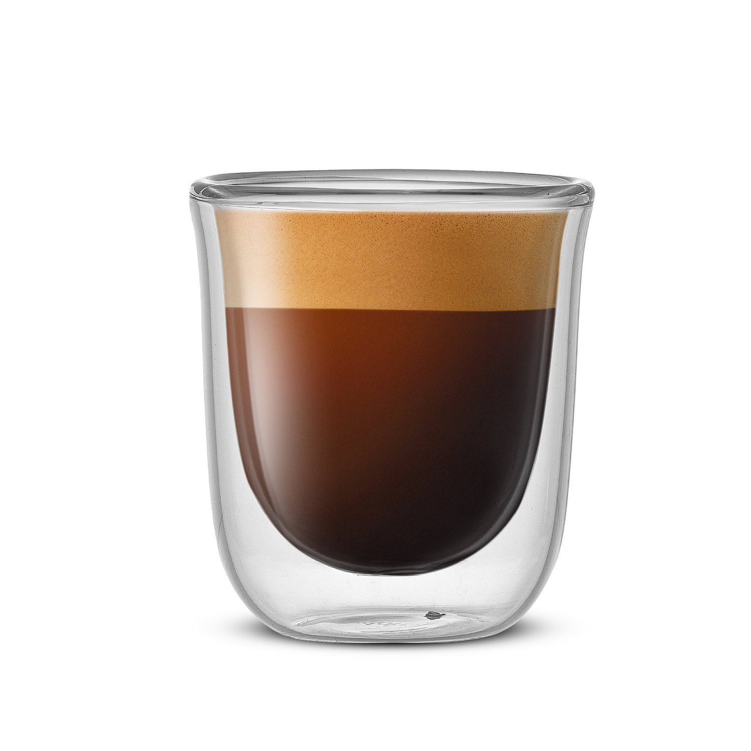 Double-walled glass with layered espresso and foam on a white background