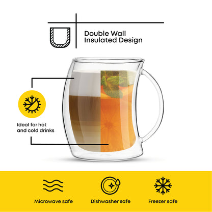 Glass mug with double wall insulated design, showing layers of hot and cold drinks, on a white background with feature text: microwave, dishwasher, and freezer safe.