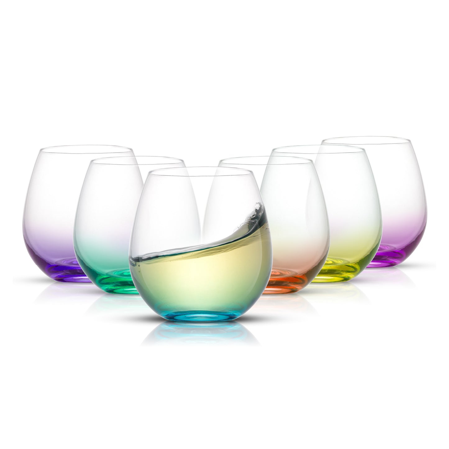 Set of colorful stemless wine glasses on a white background