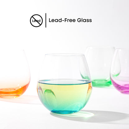 A blue ombre wine glass full of white wine and text "lead free glass."