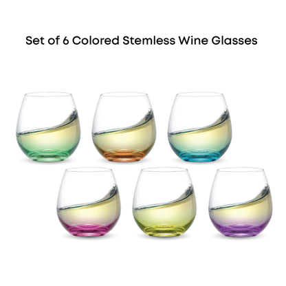 Set of 6 stemless wine glasses on a white background
