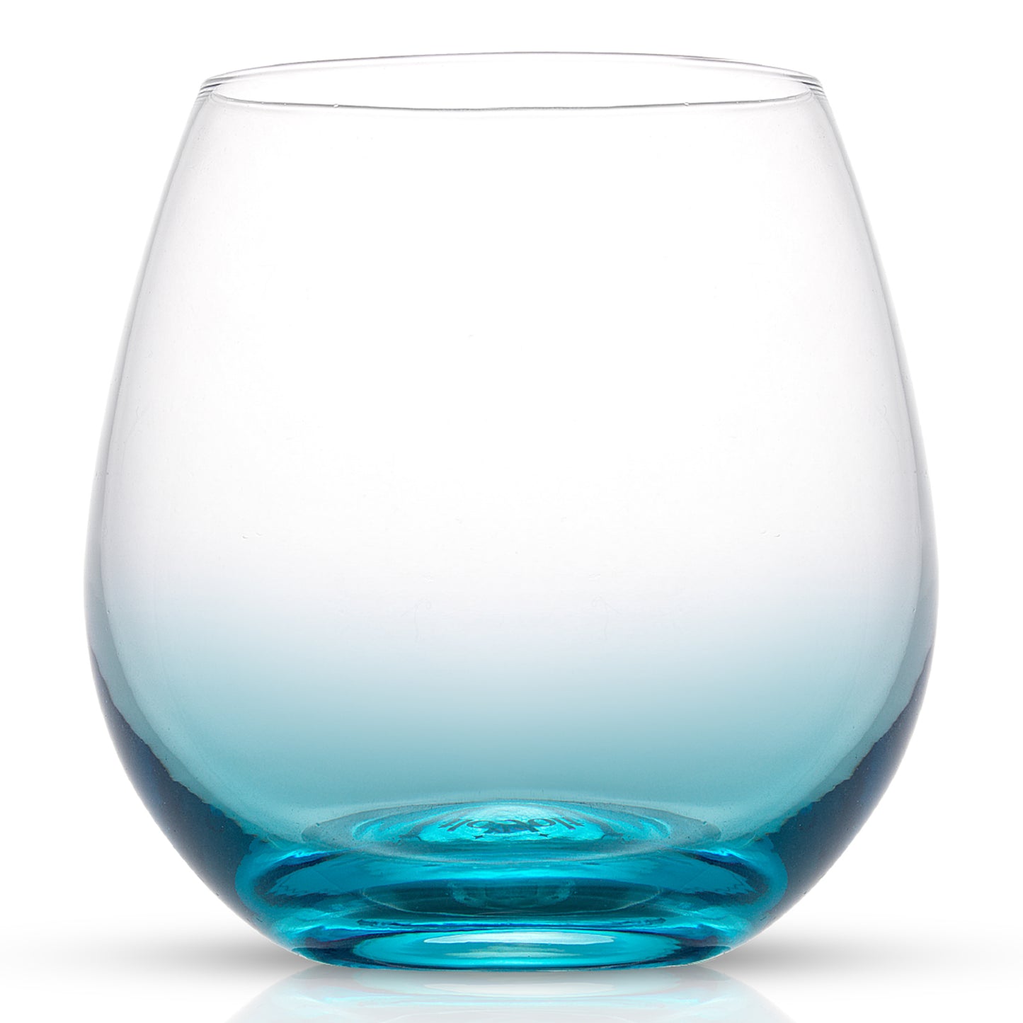 An empty blue-base ombre colored stemless wine glass on a white background