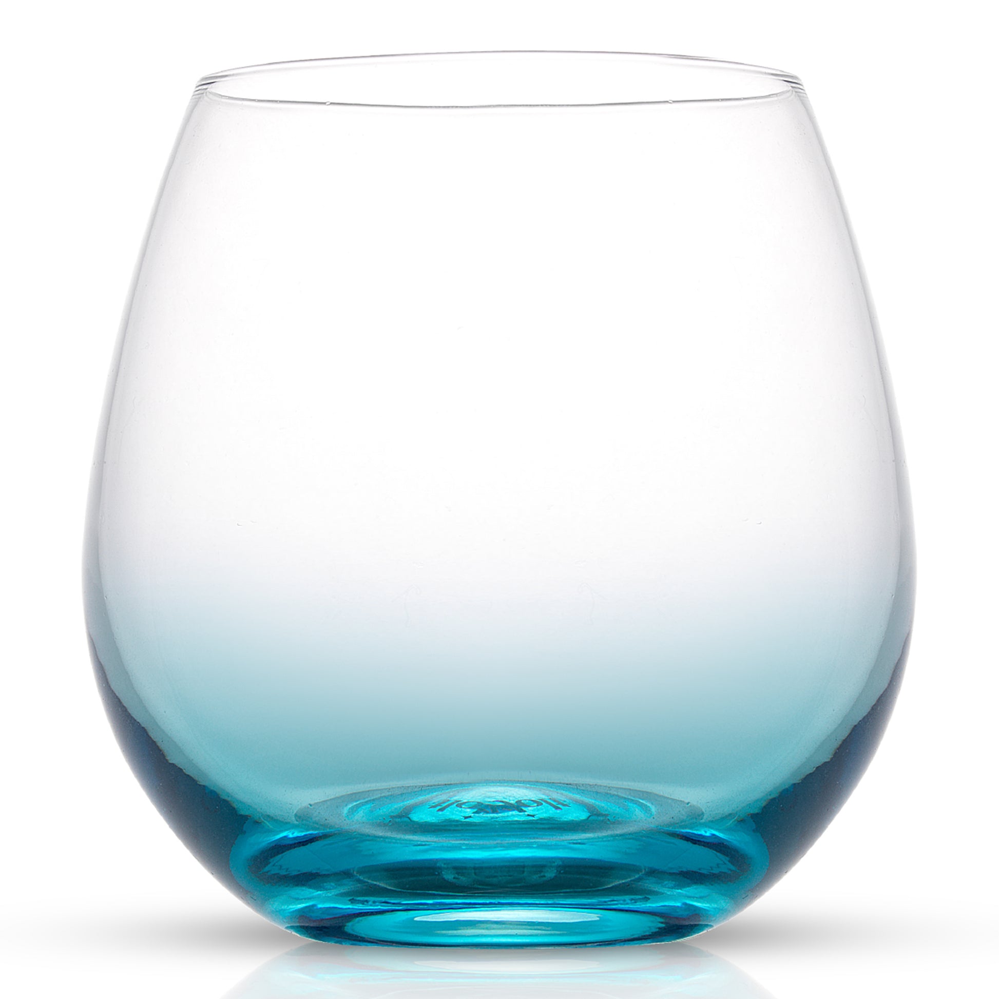 An empty blue-base ombre colored stemless wine glass on a white background