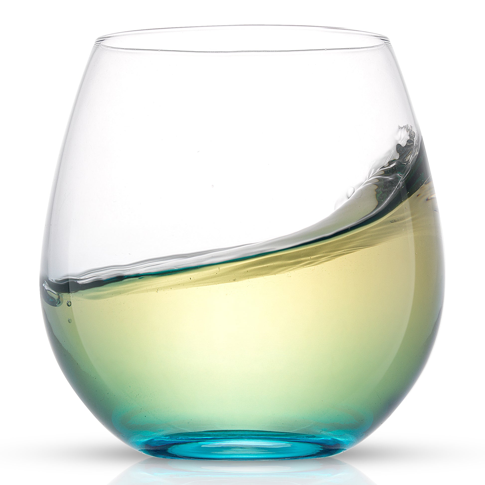 A blue-base ombre colored stemless wine glass filled with white wine on a white background