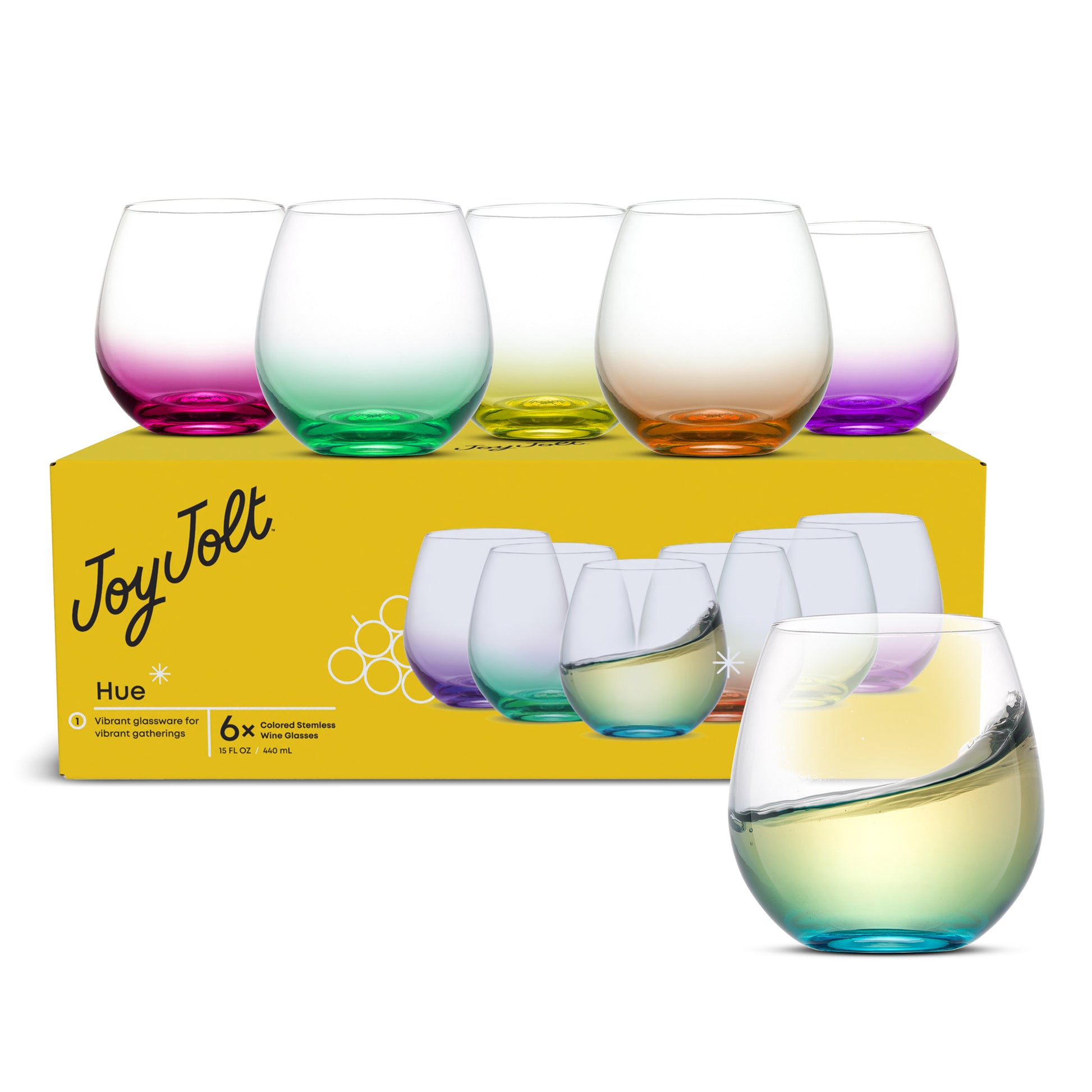Set of Hue colored stemless wine glasses with a yellow packaging JoyJolt box in the background
