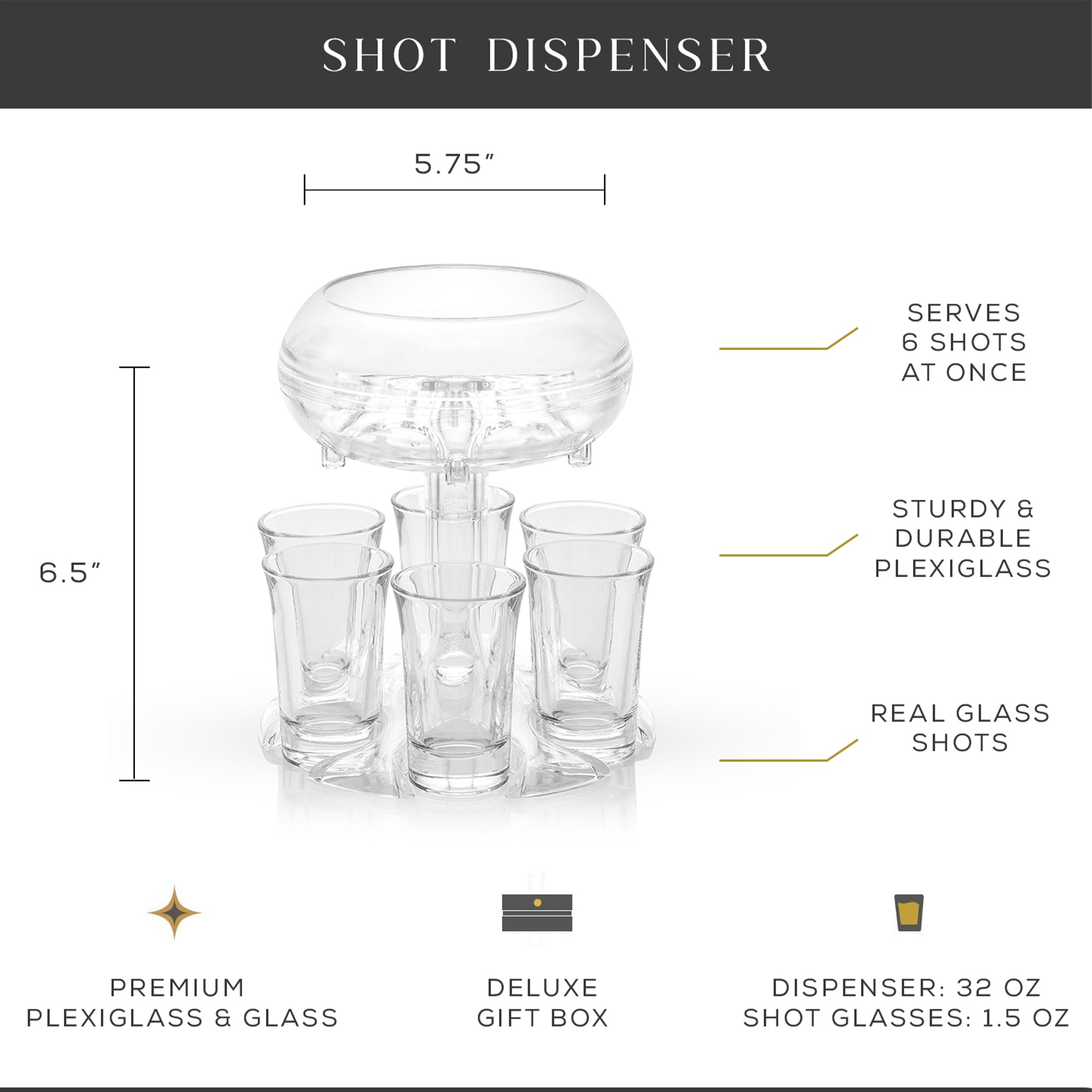 JoyJolt Shot Dispenser with 6 Glass Shot Glasses