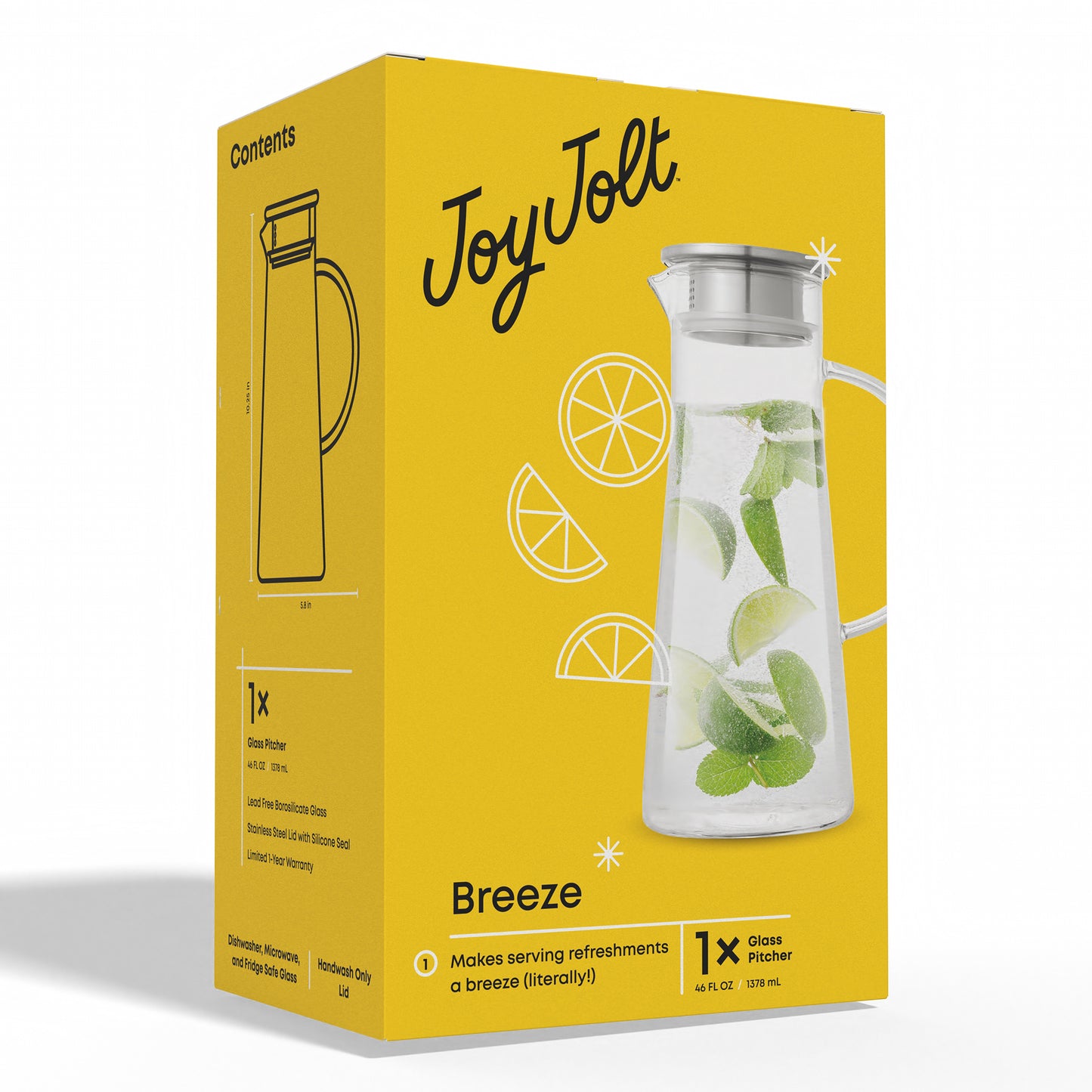 The yellow packaging JoyJolt box the pitcher arrives in, on a white background
