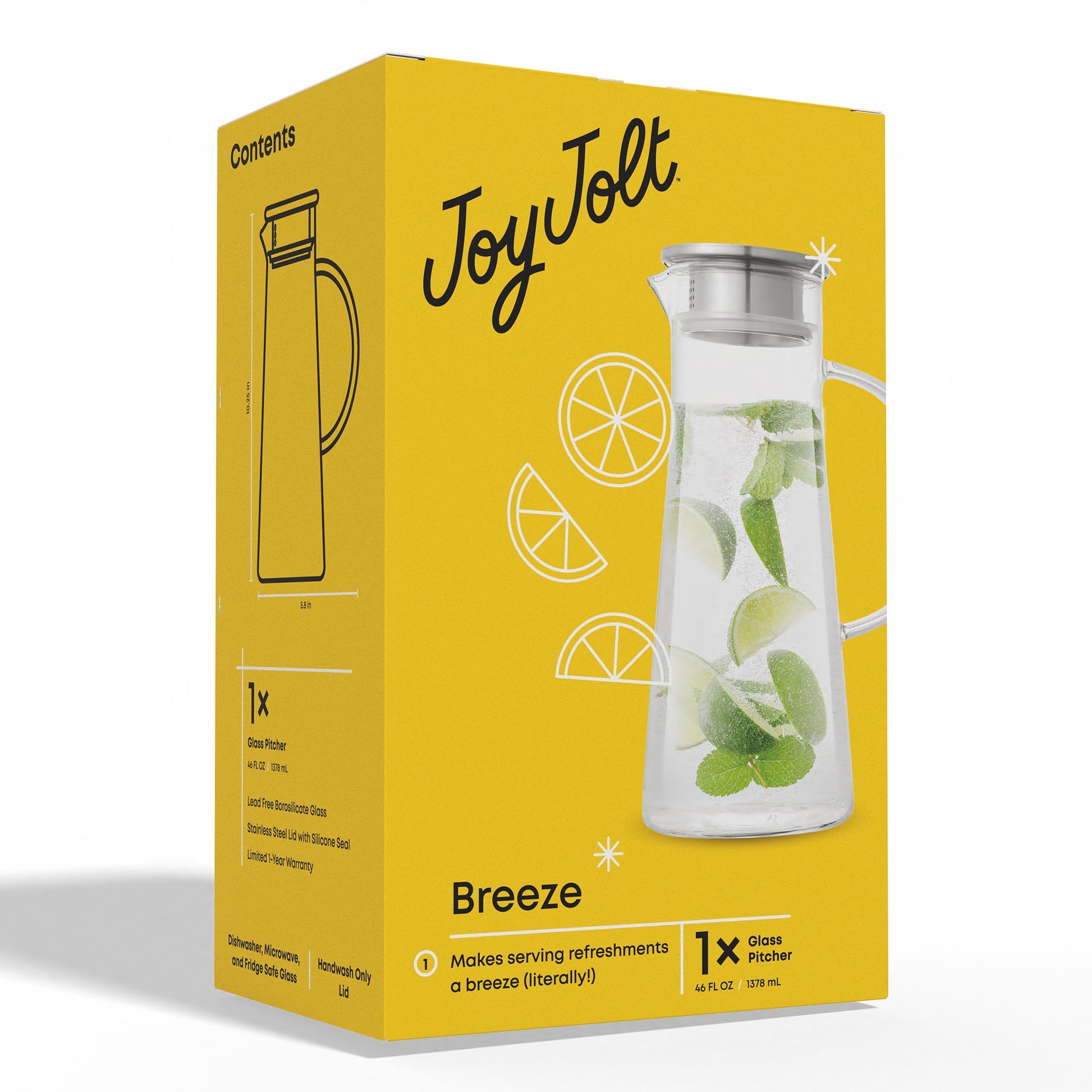 The yellow packaging JoyJolt box the pitcher arrives in, on a white background
