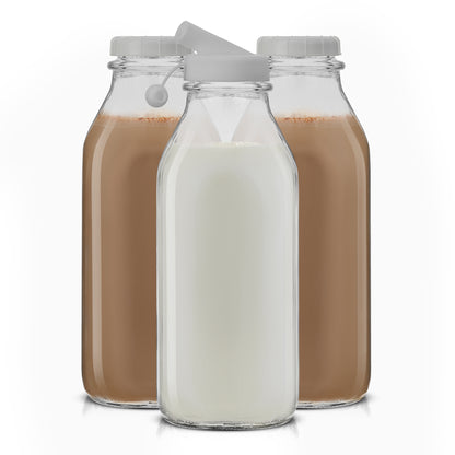 Reusable Glass Milk Bottle Set with Lid & Pourer