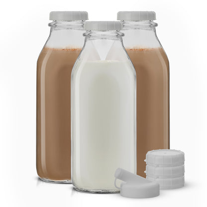 Reusable Glass Milk Bottle Set with Lid & Pourer