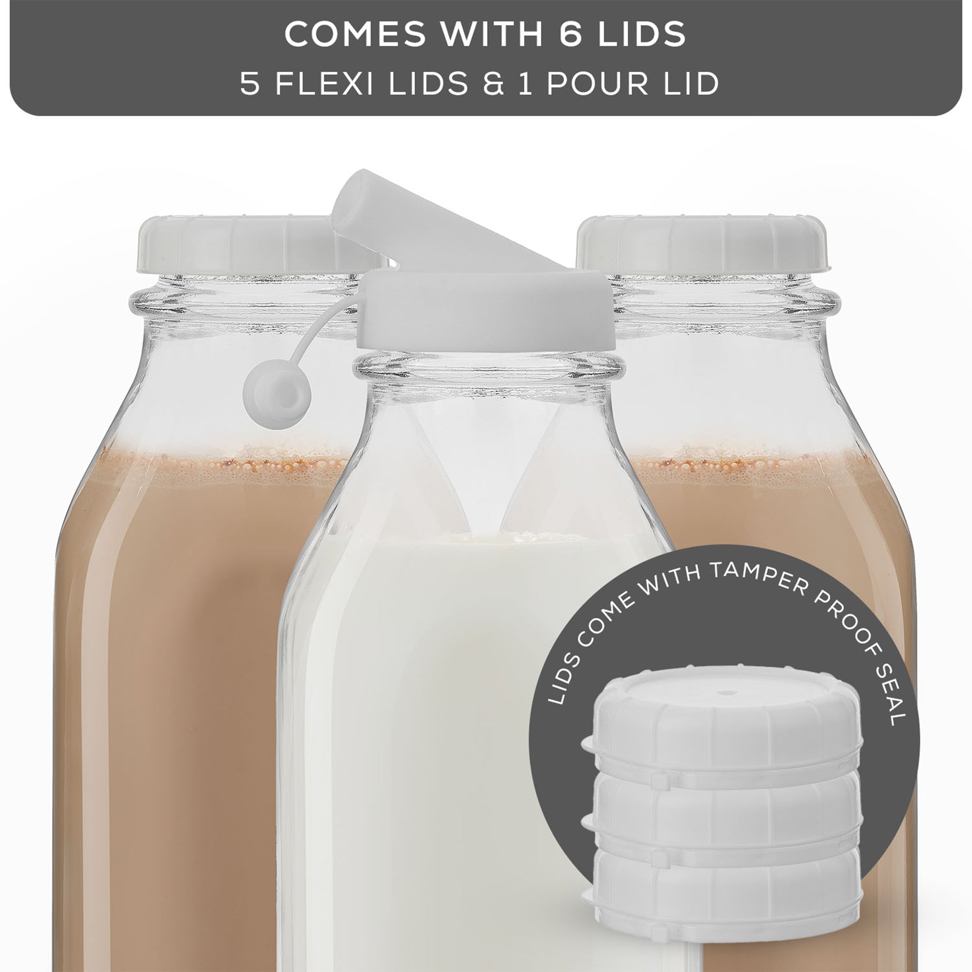JoyJolt Reusable Glass Milk Bottle Set with Lid & Pourer