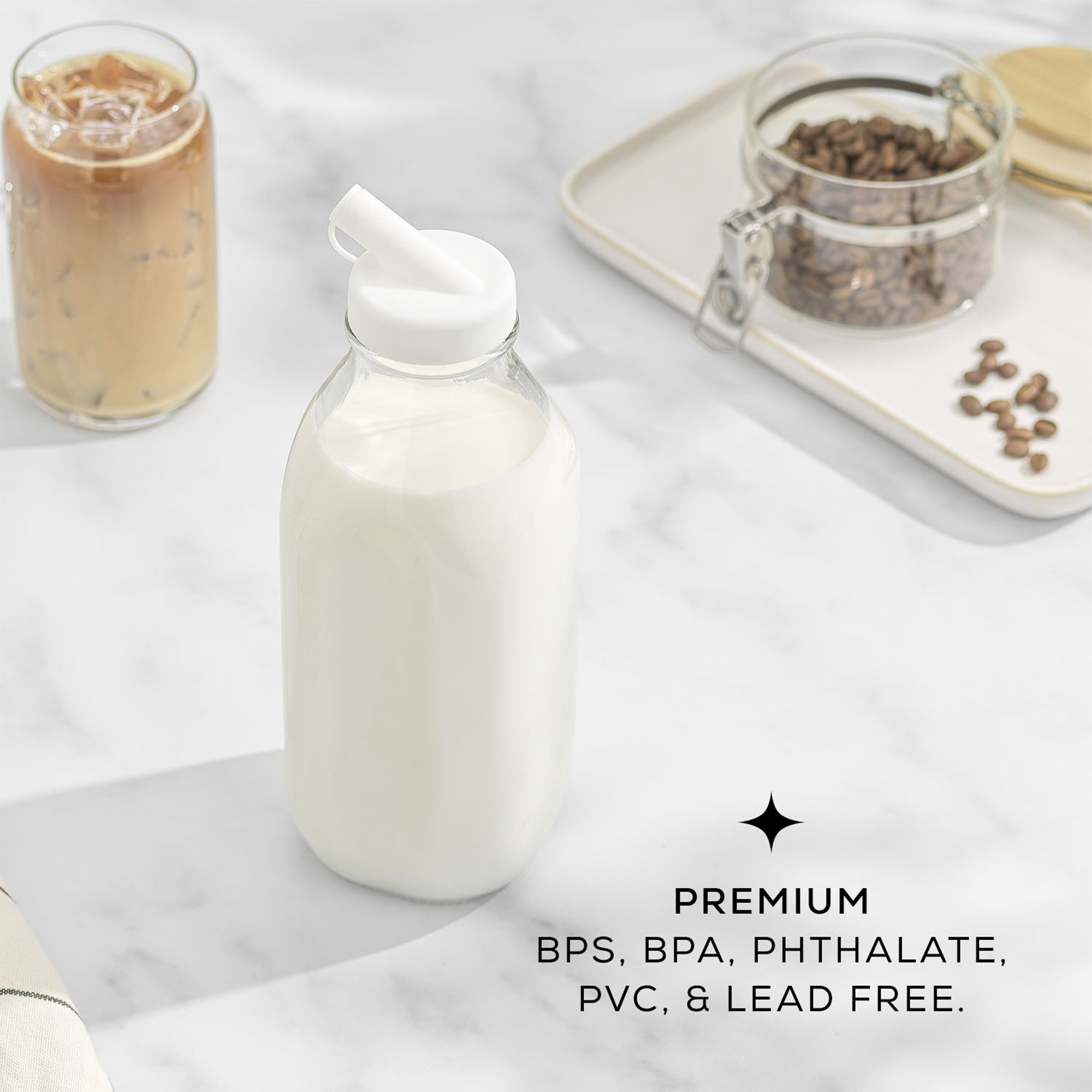 JoyJolt Reusable Glass Milk Bottle Set with Lid & Pourer