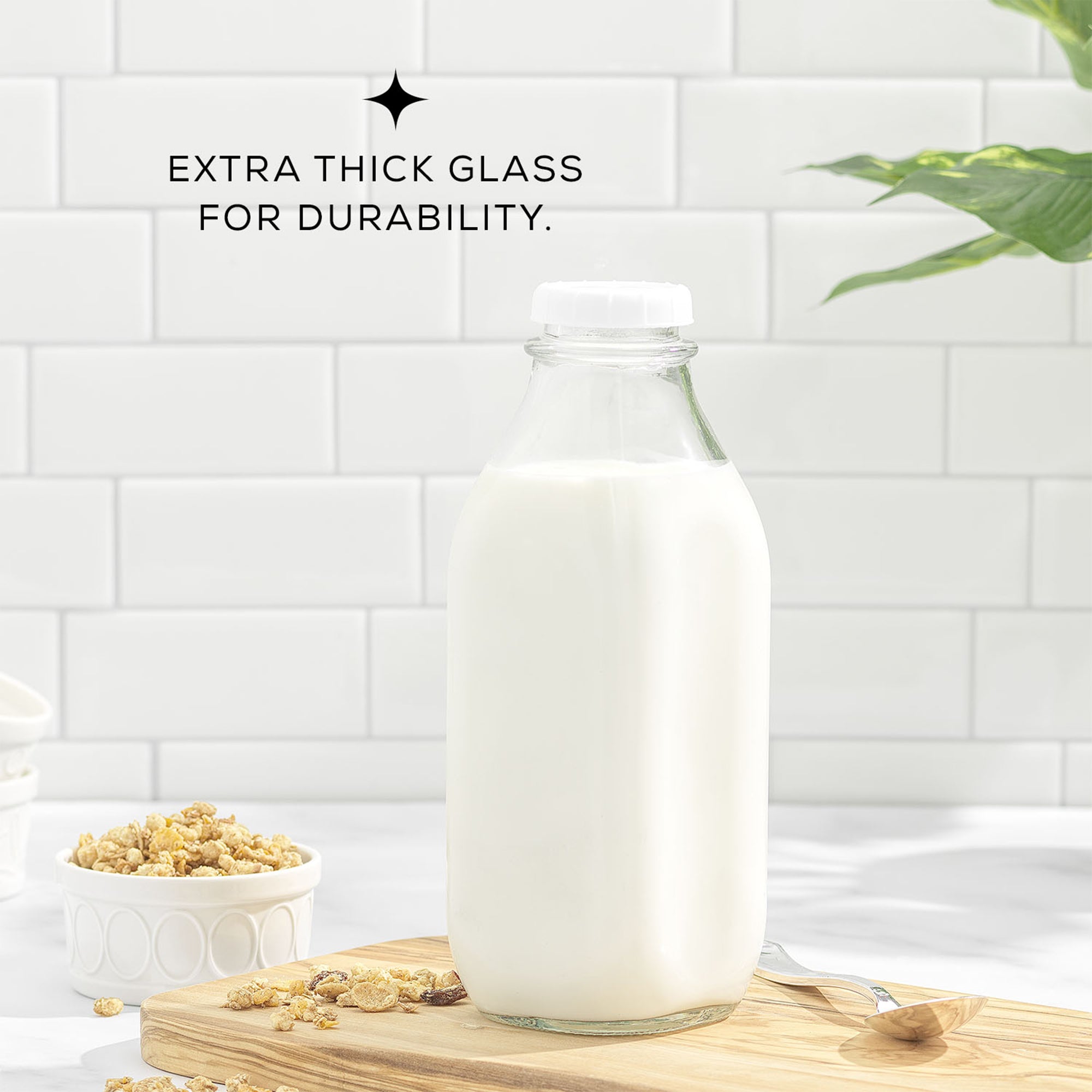 JoyJolt Reusable Glass Milk Bottle Set with Lid & Pourer