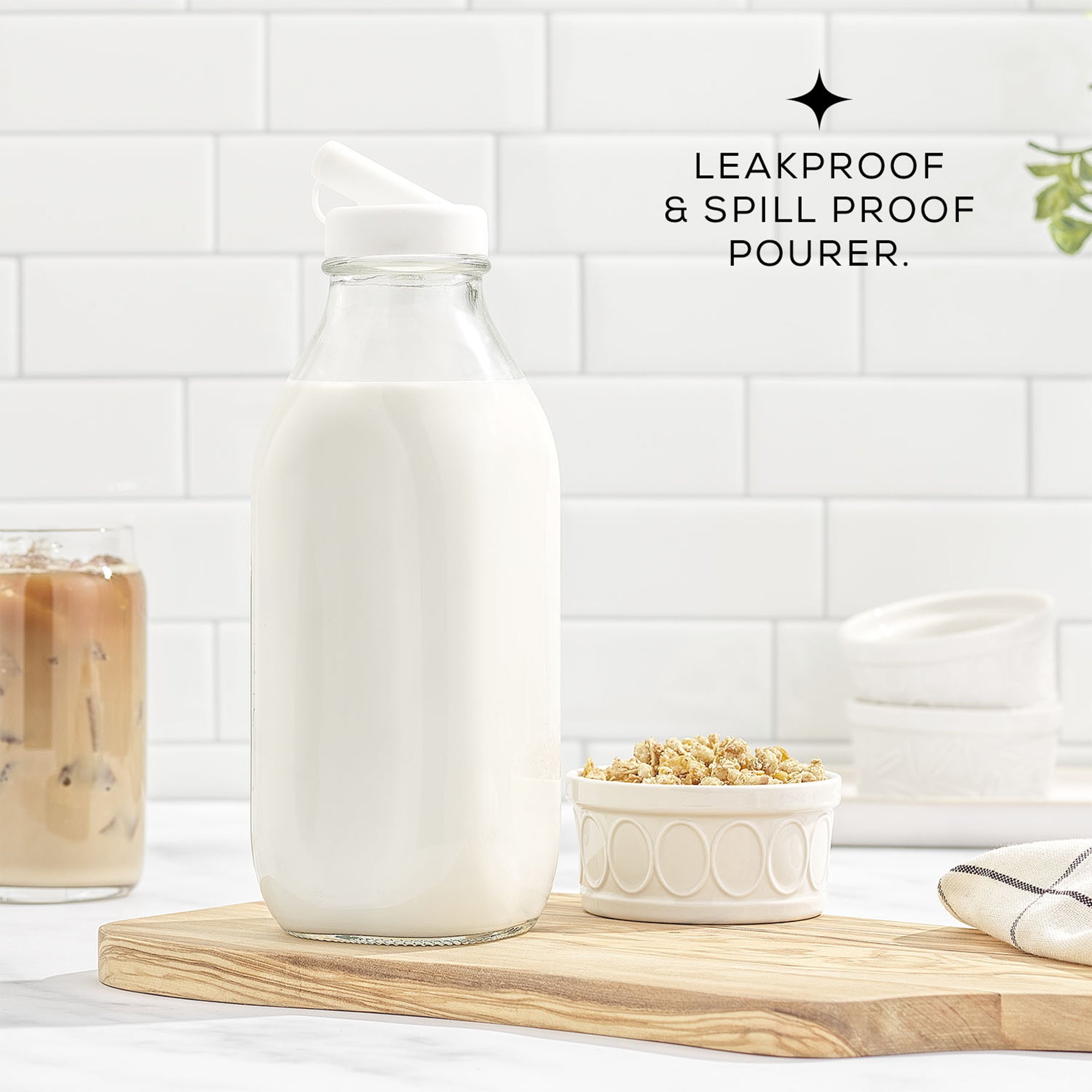 JoyJolt Reusable Glass Milk Bottle Set with Lid & Pourer