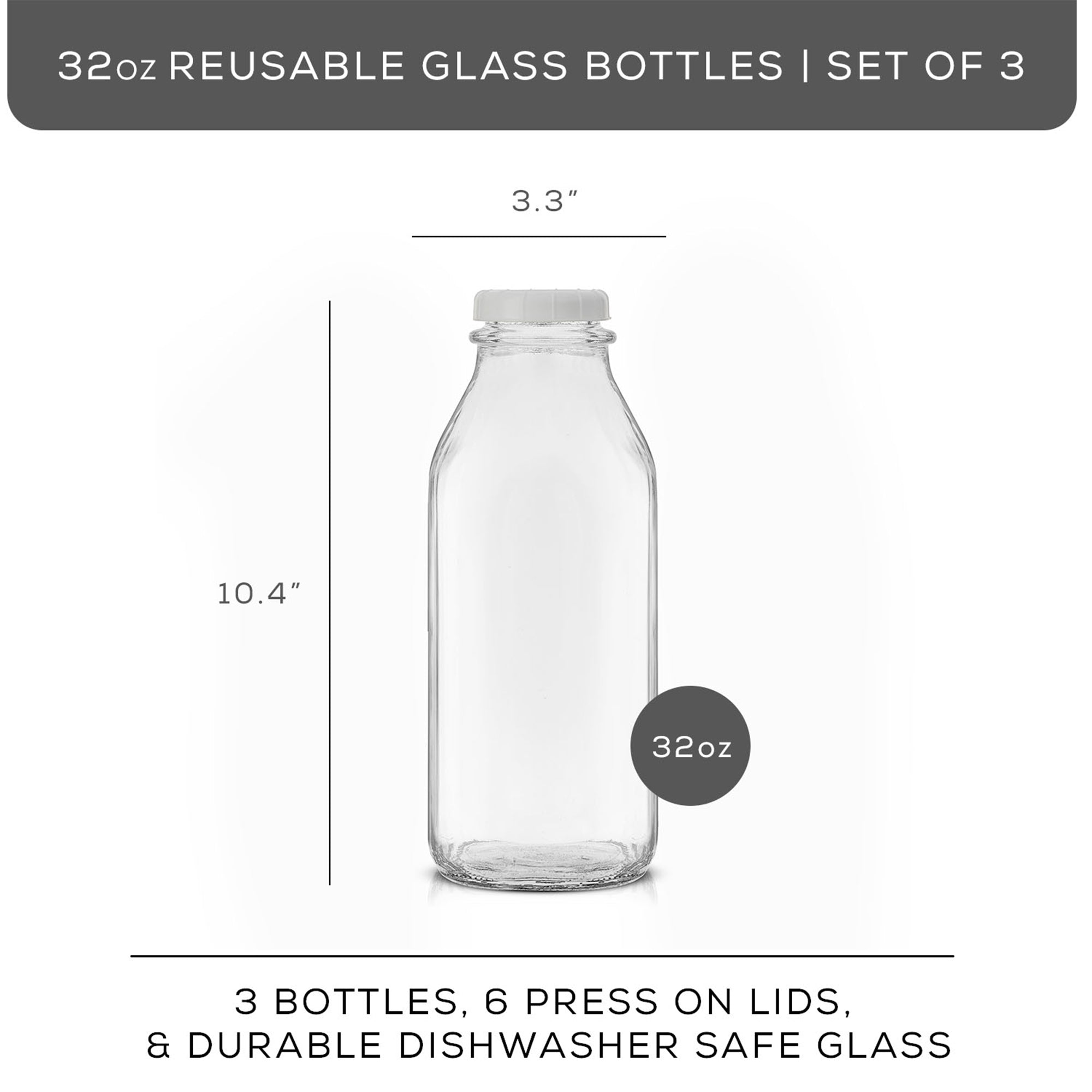 JoyJolt Reusable Glass Milk Bottle Set with Lid & Pourer