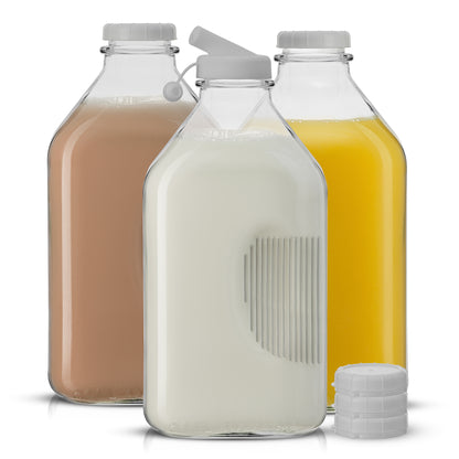 Reusable Glass Milk Bottle Set with Lid & Pourer