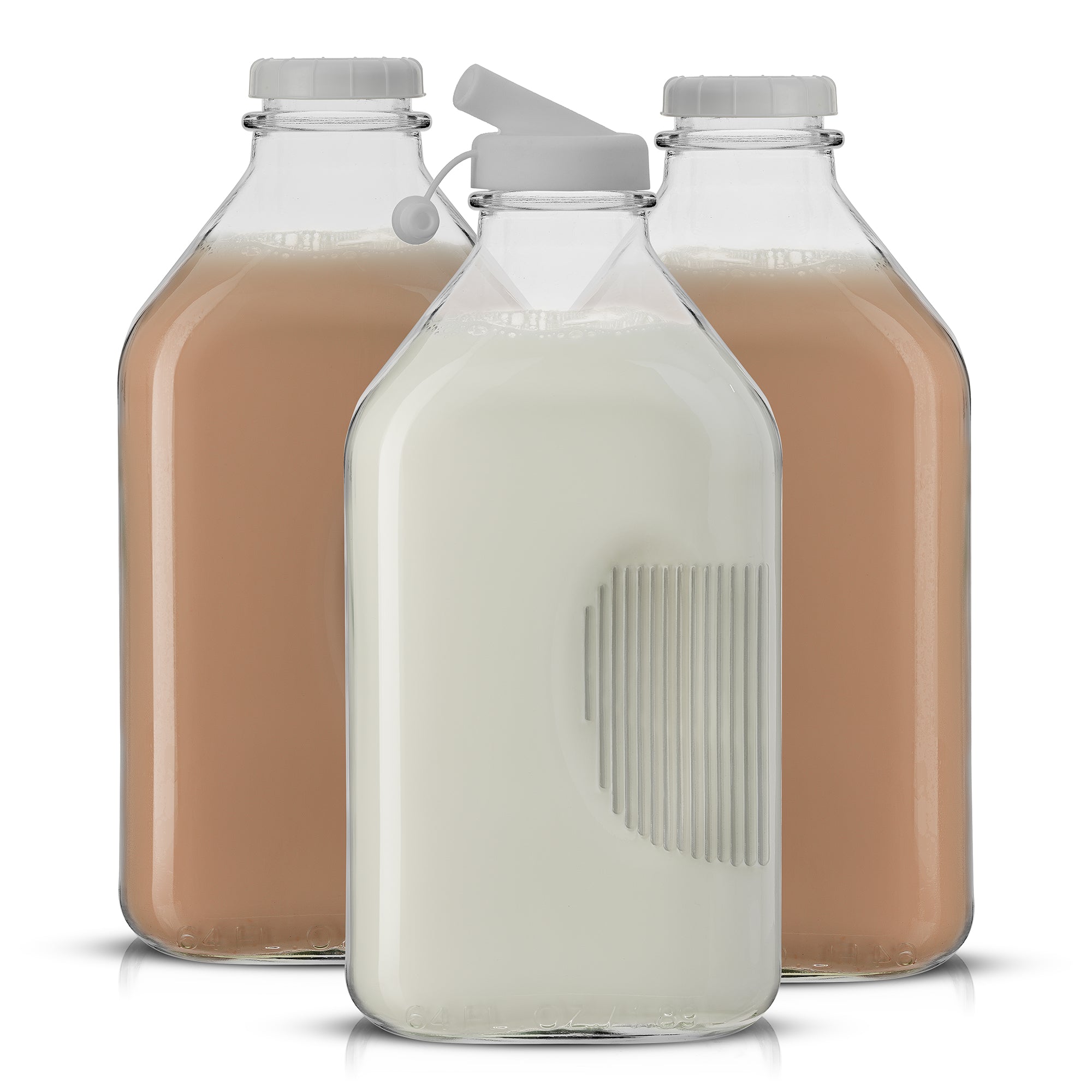 JoyJolt Reusable Glass Milk Bottle Set with Lid & Pourer