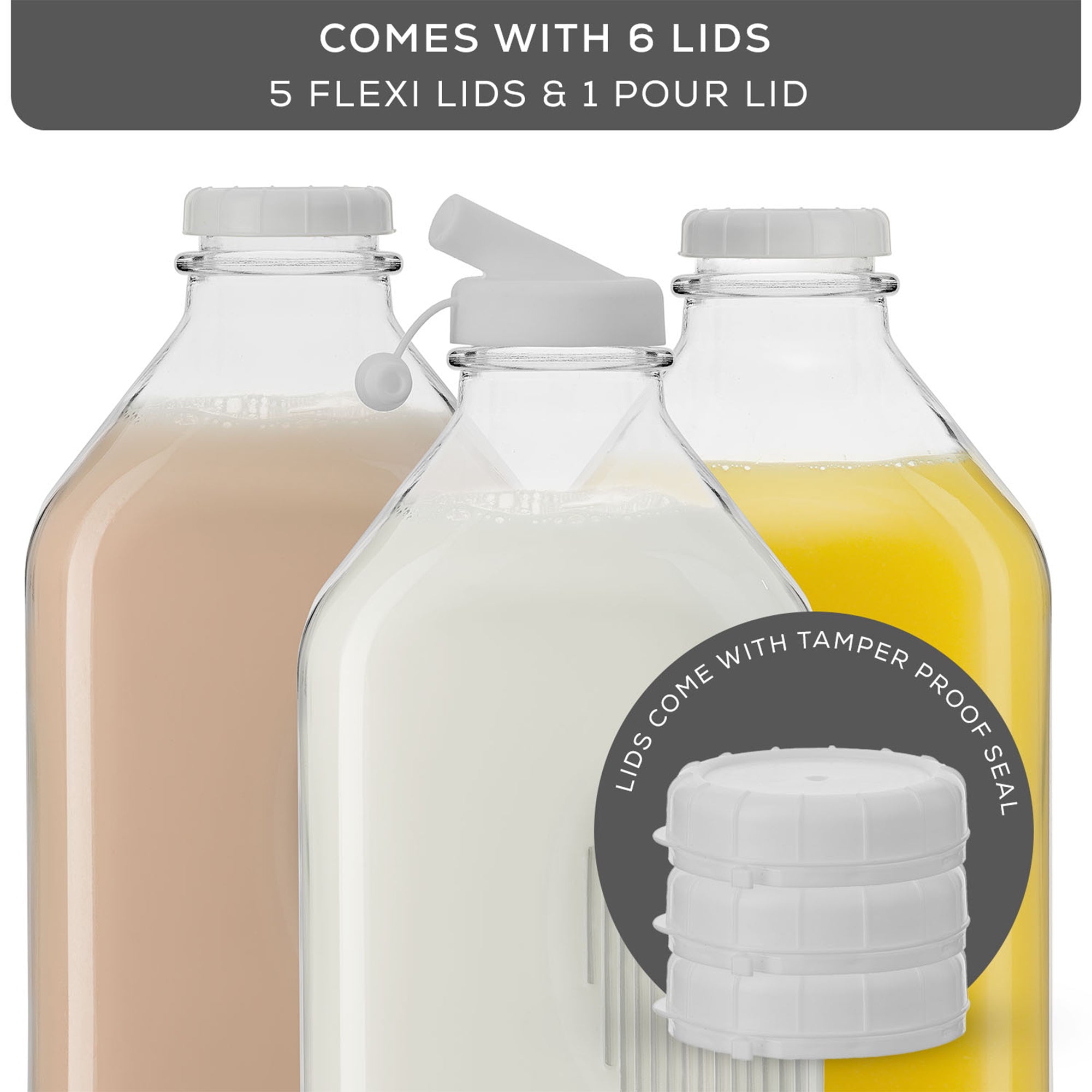 JoyJolt Reusable Glass Milk Bottle Set with Lid & Pourer