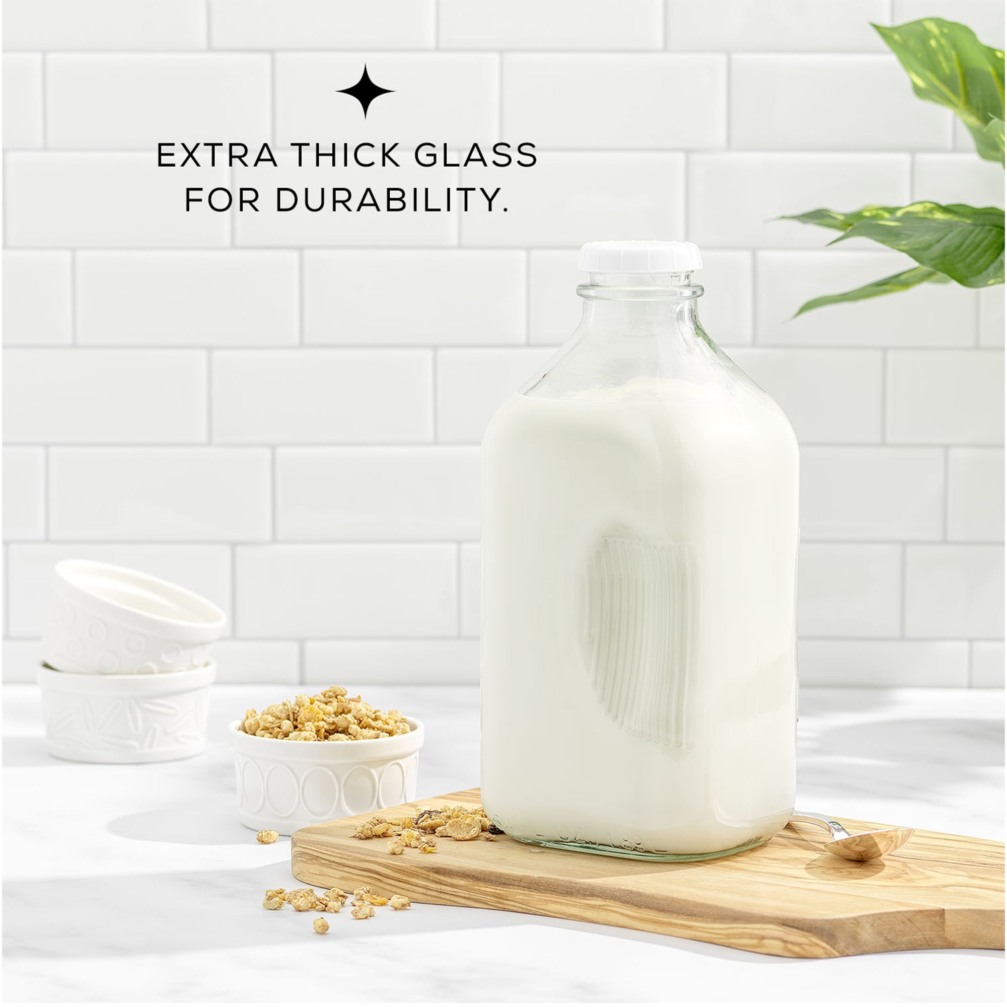 JoyJolt Reusable Glass Milk Bottle Set with Lid & Pourer