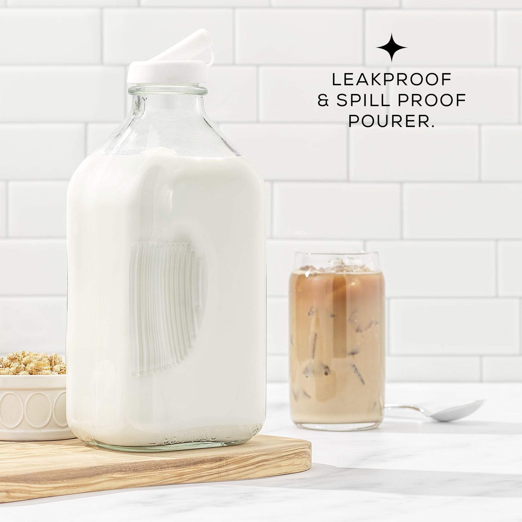 JoyJolt Reusable Glass Milk Bottle Set with Lid & Pourer